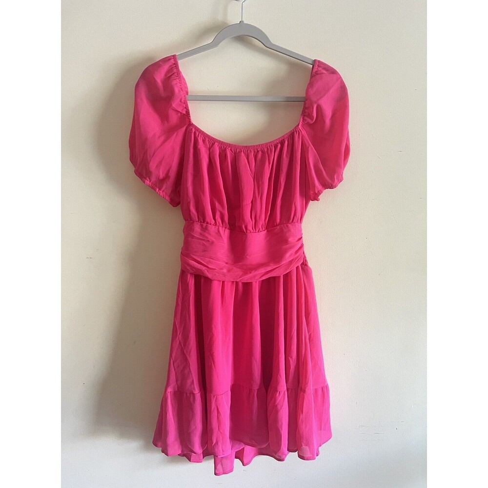 Exlura Boutique Puff Sleeve Babydoll A-Line‎ Summer Mini Dress Hot Pink Womens L